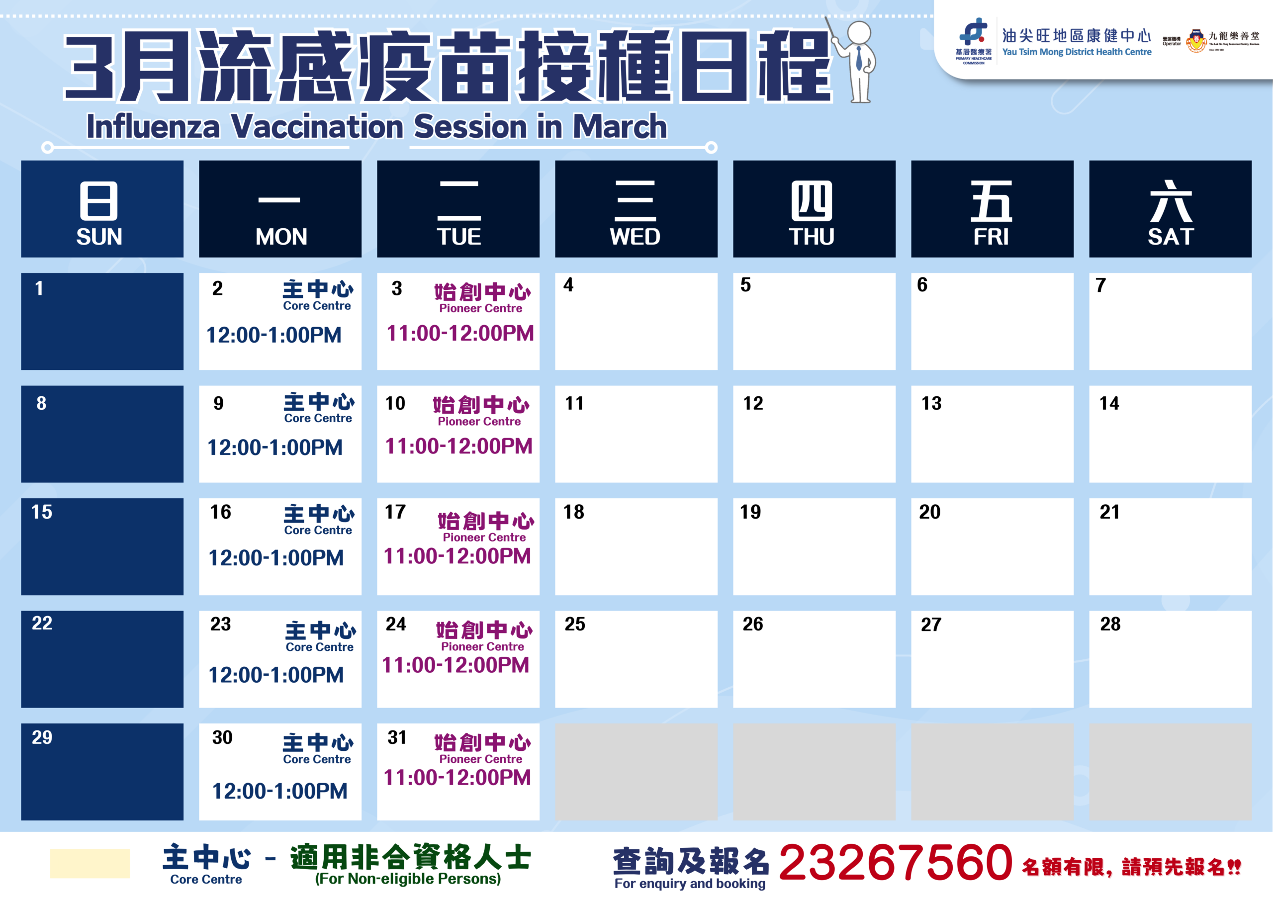 2026年3月流感疫苗接種日程